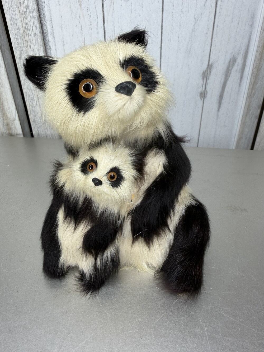 Vintage Artisan Real Fur Panda Bear Mom & Cub Baby Figurine Decor